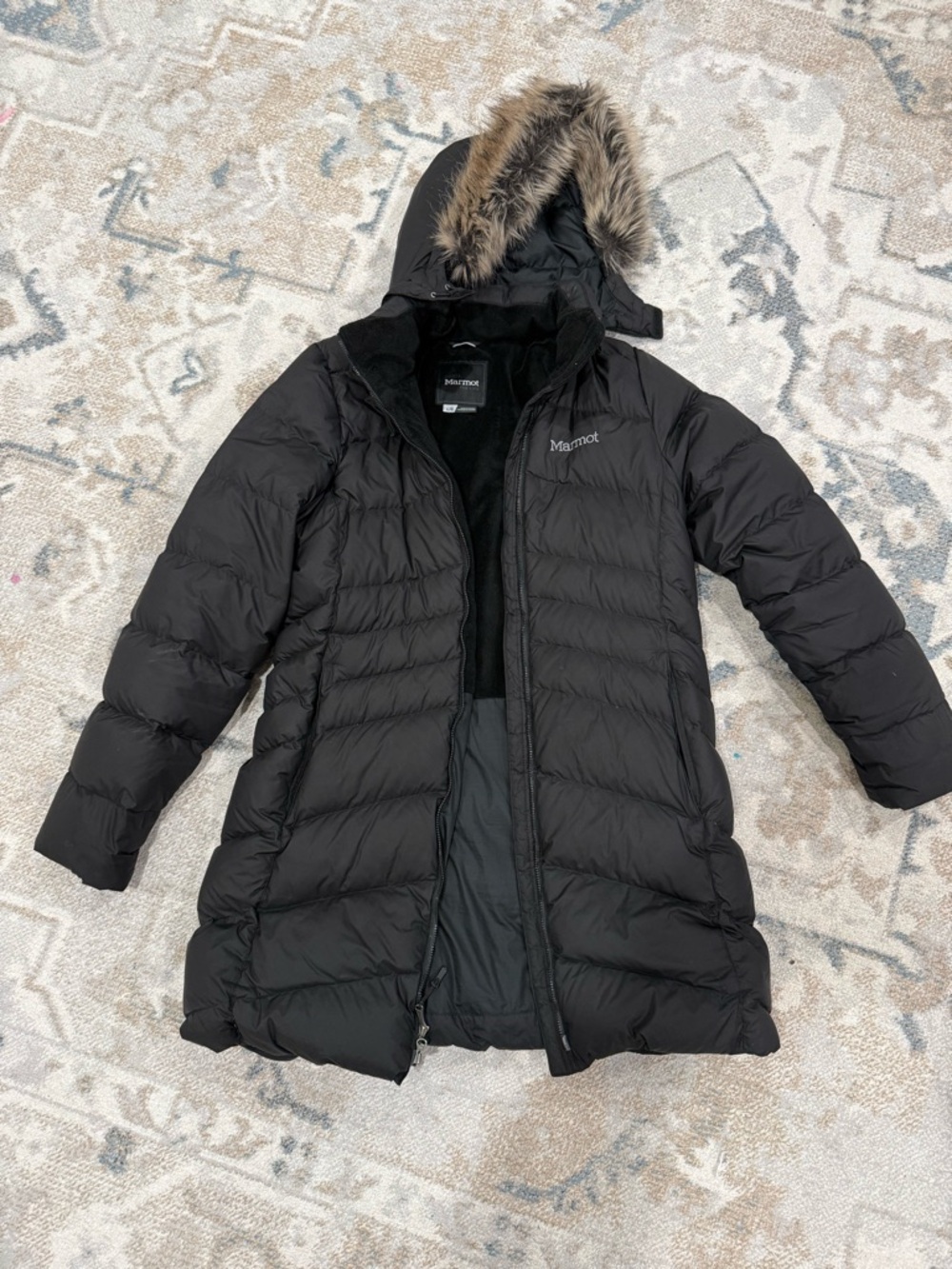 Marmot Women's Black Long Puffer Coat with Faux Fur Trim Hood